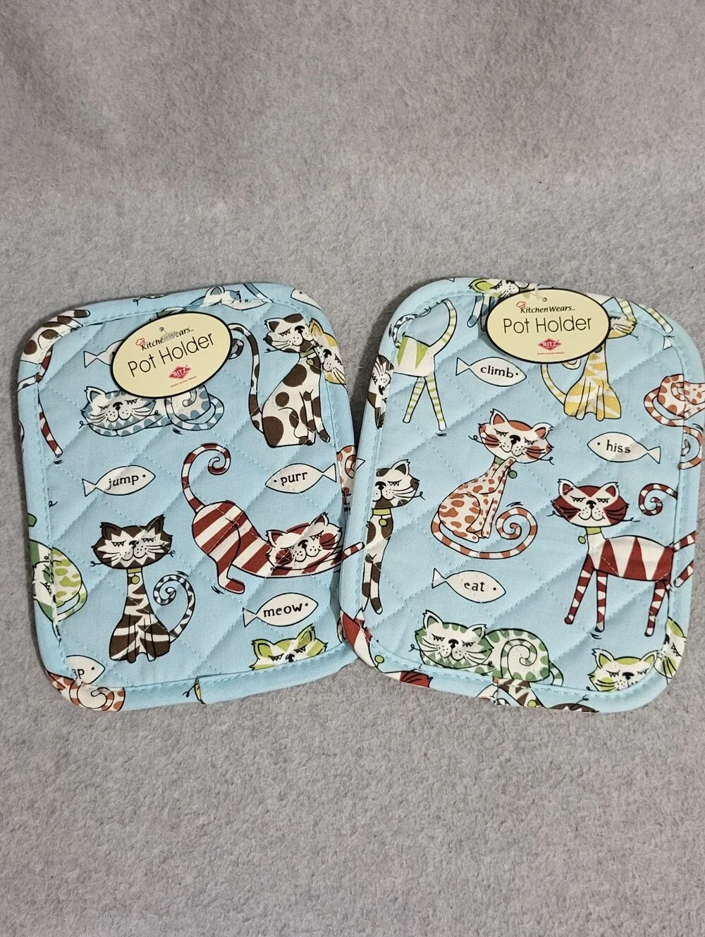 Ritz Kitchen Wears Retro Cats Set 2 Potholders Hot Pads Blue Quilted Kitsch MCM